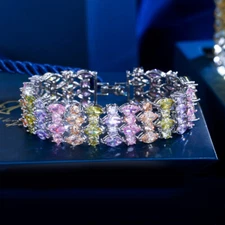 Multicolored CZ Wide Crystal Chain Link Tennis Leaf Bracelet Bridal Pageant Gift
