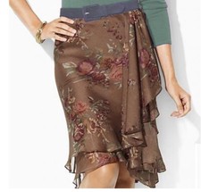 Ralph Lauren Jem Floral Cottage Taupe Multi Chiffon Draped Tiered Skirt