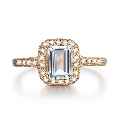 14k Yellow Gold Vintage Jewelry Aquamarine Emerald 7x5mm Natural Diamonds Ring - Picture 3 of 8