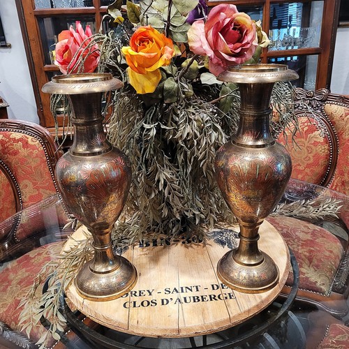 Pair of Antique Middle Eastern Solid India Brass Vases Peacock Design 17" High