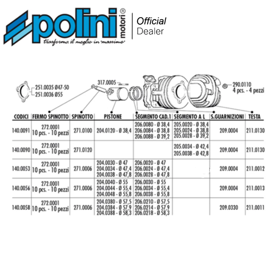 KIT GRUPPO TERMICO CILINDRO 55 102cc POLINI 1400056 VESPA 50 SPECIAL L R N PK HP - Immagine 2 di 3