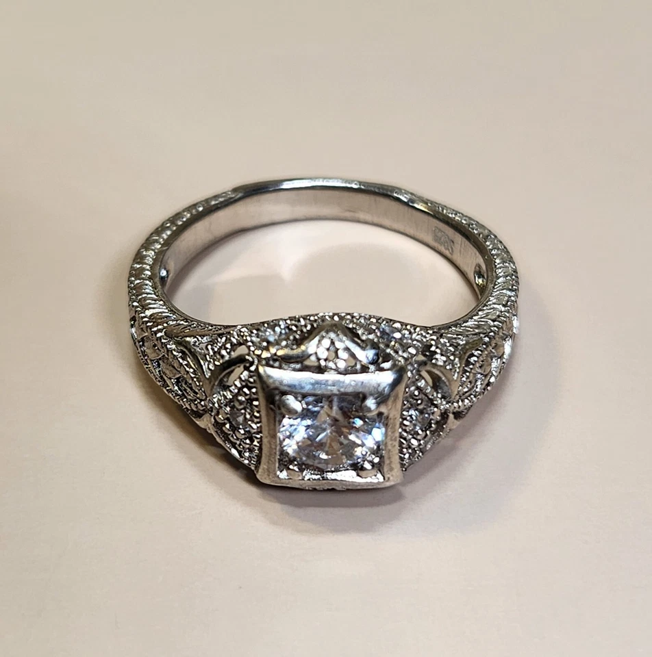 Vintage 925 Sterling Silver CZ Filigree Ring Valentine Gift for Her Size 8 - Image 3 of 4