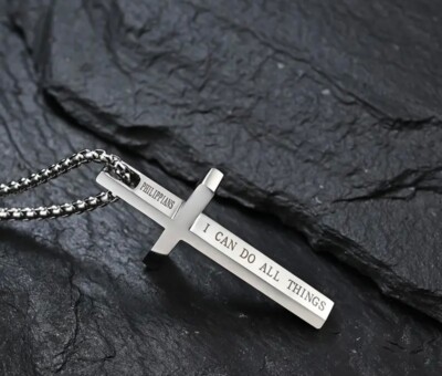 Edelstahl Kreuzkette   Silber   Philippians Gravur  I Can Do All Things 