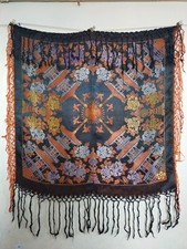 vintage taj mahal type piano silk satin shawl fringes black scarf WWII item1367