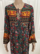 R. Vivimos M US 8/10 Teal Red Yellow Floral Tassel Tie Retro Boho V Neck Dress