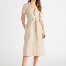 Quince 100% European Linen Button Front Dress Sz M Midi Driftwood Khaki V-Neck
