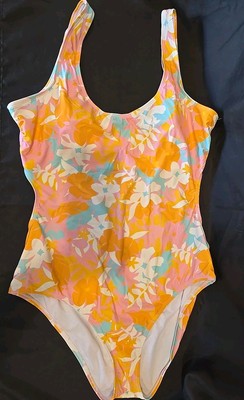 Ninety-Nine° XXL One Piece Orange Floral Swimsuit, Open Scoop Back, Hook & Loop