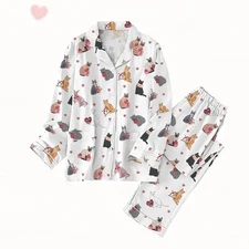 Valentine Cat Pajama Set Women Cat Mom Heart Animal Lover Gift