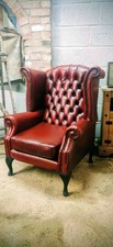 Chesterfield Queen Anne High Back Wing Chair Real Leather, Antique Oxblood Red