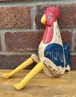 Vintage Lovely Old Hand Carved Articulated Wooden Cock Chicken Art Statue Mascot