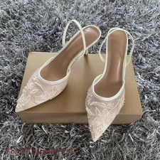 Women Mesh Embroidered Flower Slingbacks High Heels Wedding Pumps Stilettos