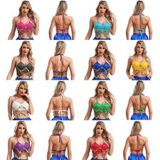 Women Belly Dance Bra Tops Halter Backless Sequins Tassel Crop Top Party Costume