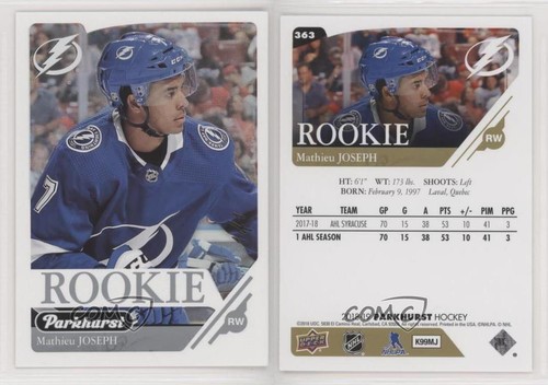 2018 Upper Deck Parkhurst Rookies Platinum 1/1 Mathieu Joseph #363 Rookie RC 0c3 - Picture 3 of 3