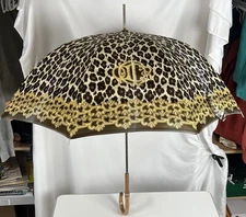Christian Dior leopard long umbrella logo brown gold metal wooden handle