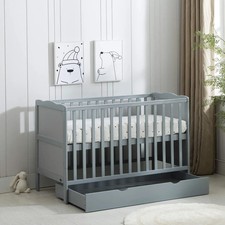 Wooden Orlando Baby Cot Bed & Rollaway Drawer & Aloe Vera Mattress White/Grey UK