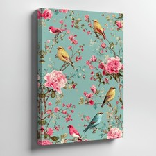 Vintage Floral Canvas Wall Art Print With Pink Flowers And Birds Home Decor