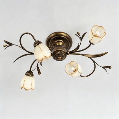 French Country Flower Glass Shades Chandelier Semi Flush Mount Ceiling Light