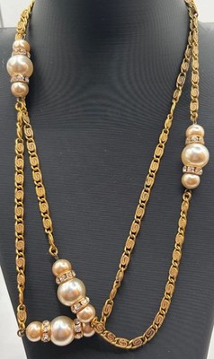 Signed Miriam Haskell 36'' Long Station Necklace Faux Pearl Rhinestone Vintage