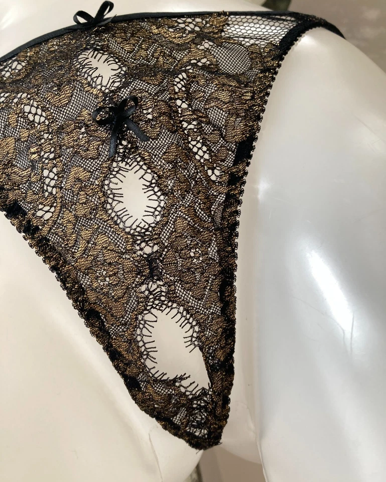Agent Provocateur black & gold lace ouvert thong NEW silk G String crotchless - Image 2 of 4