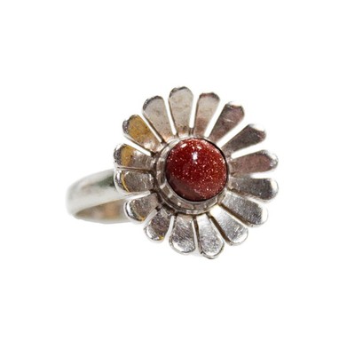 Vintage 925 Sterling Made In Mexico Natural Goldstone Sun Motif Ring Size 6
