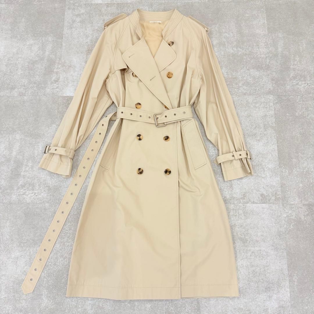 Auth Celine Phoebe Philo EyeletBelt Stand Collar Trench Coat Beige