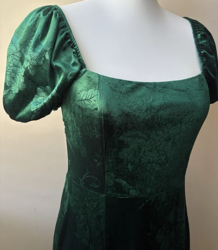 Women's Y2K Green Velvet Burnout Midi Dress Puff Sleeves Smocking Small HOCO - Image 3 of 4