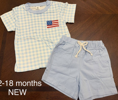 NEW Boys 12-18 Months 2pc Light Blue Gingham Flag Appliqué Set Drawstring