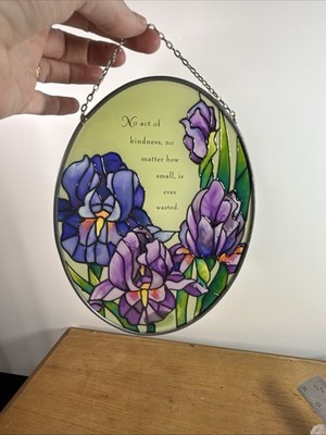 Purple Iris Stained Glass Style Sun Catcher W/  No Act Of Kindness . 7  W/ Chain