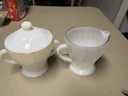 Vintage Anchor Hocking Fire King Milk Glass Swirl Gold Trim Creamer Sugar Bowl