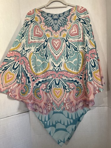 ETRO Milano Top 100% Crepe Silk Poncho Caftan Pink Teal Paisley Heart OS