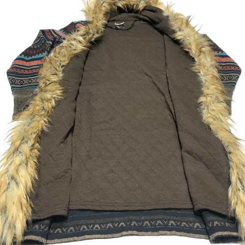 Miss Me Fur Trim Quilt Lined Wool Hooded Long Cardigan Trenchcoat Sweater Large - Picture 9 of 11