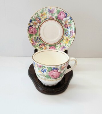 Pallisy Pottery England Tea Cup &Saucer Set Floral Cabbage Rose China Demitasse 