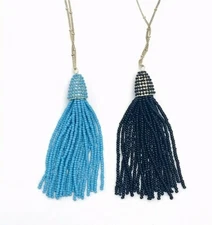 Lot of Two Charming Charlie Gold Tone Seed Bead Tassel Necklaces Blue Black