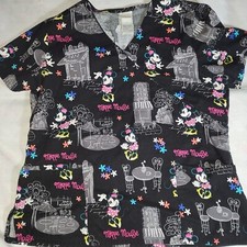 Disney Minnie Mouse Scrub Top Black Tie Back Size Large Black V-Neck Pockets