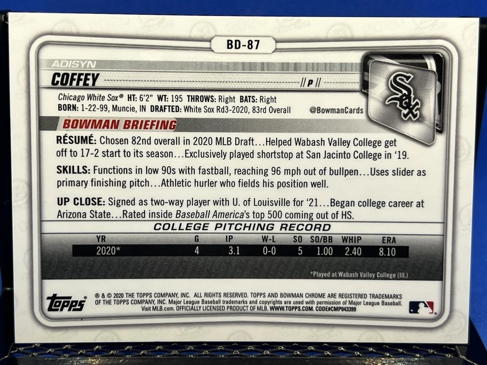 2020 Bowman Chrome ADISYN COFFEY 73/99 Yellow Atomic Refractor Chicago White Sox - Image 2 of 2