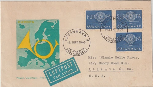 DENMARK: 1960 FIRST DAY COVER, SCOTT # 379 EUROPA AIRMAIL COVER