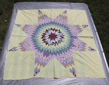 Vtg Hand Stitched Lone Star Quilt Starburst Patchwork Yellow Lavender 81 X 83