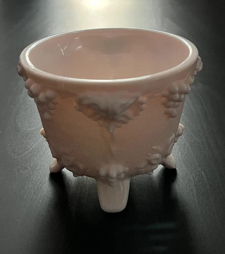 Vintage Jeanette Shell Pink Milk Glass Footed Candy Dish Grapes & Leaves EUC