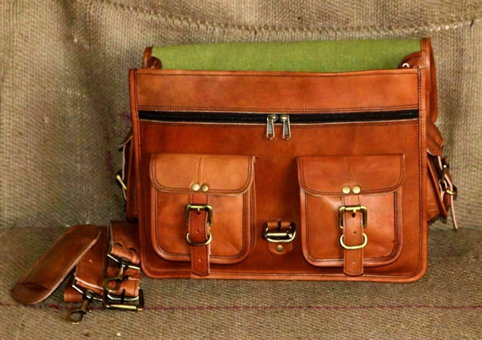 Maletín mensajero vintage de cuero genuino para computadora portátil bolso hecho a mano para hombre  Foto 2 de 4