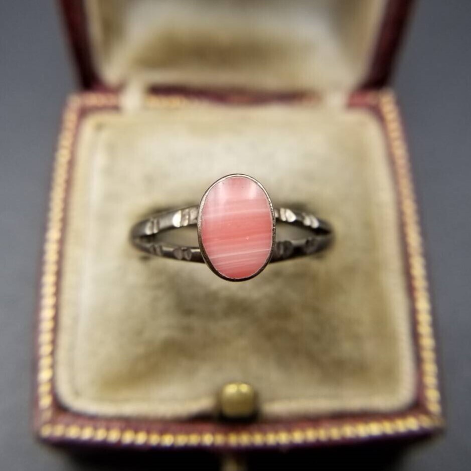 Mexico 925 Silver Pink Coral Color Oval Inlay Vintage Ring