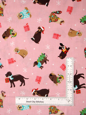 Christmas Dogs Fabric Animals Pink Furry & Bright Collection Cotton Andover Yard