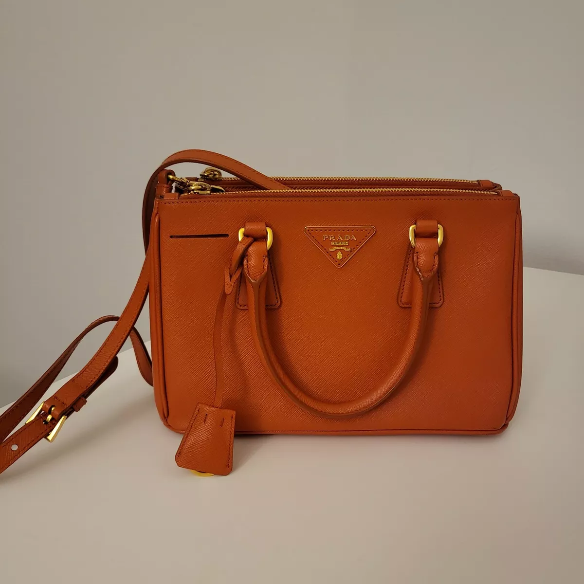 Prada Saffiano Small Zip Crossbody Bag, Orange