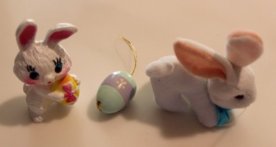 1980's Set of 2 Easter Ornaments Cloth Bunny & Wood Easter Egg & A Plastic Bunny