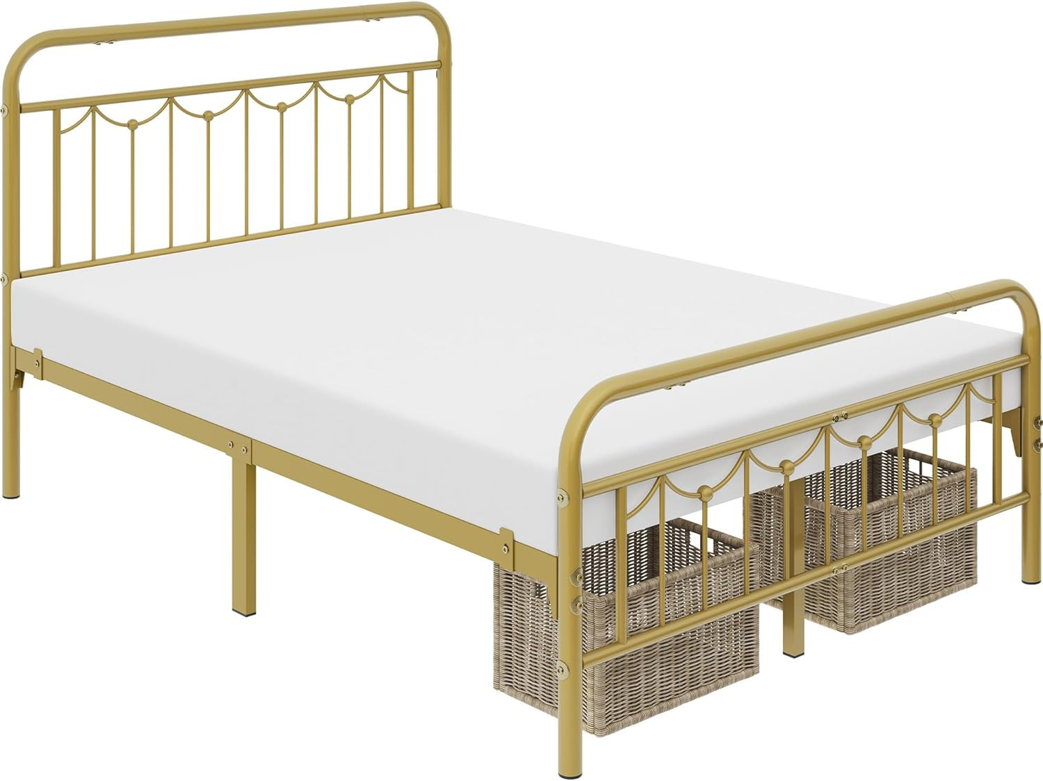 Vintage Metal Bed Frame with Headboard, Heavy Duty, Antique Gold Finish