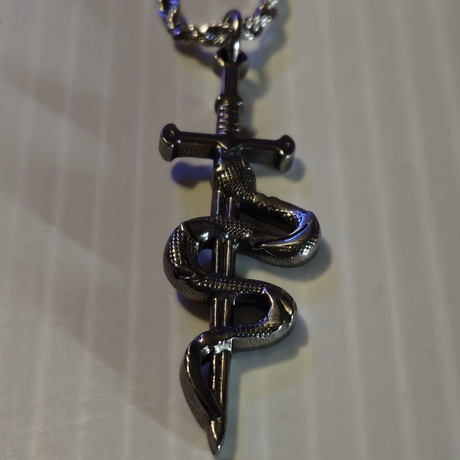 STAINLESS STEEL SWORD & SNAKE Pendant Charm / 18"-24" CHAIN 3MM NECKLACE