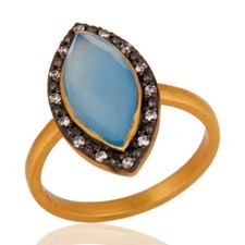 Natural Blue Chalcedony Gemstone CZ Ring Gold Plated 925 Sterling Silver Jewelry