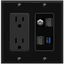 COAX 2 HD USB-3 Port Wall Plate Black w Power Outlet