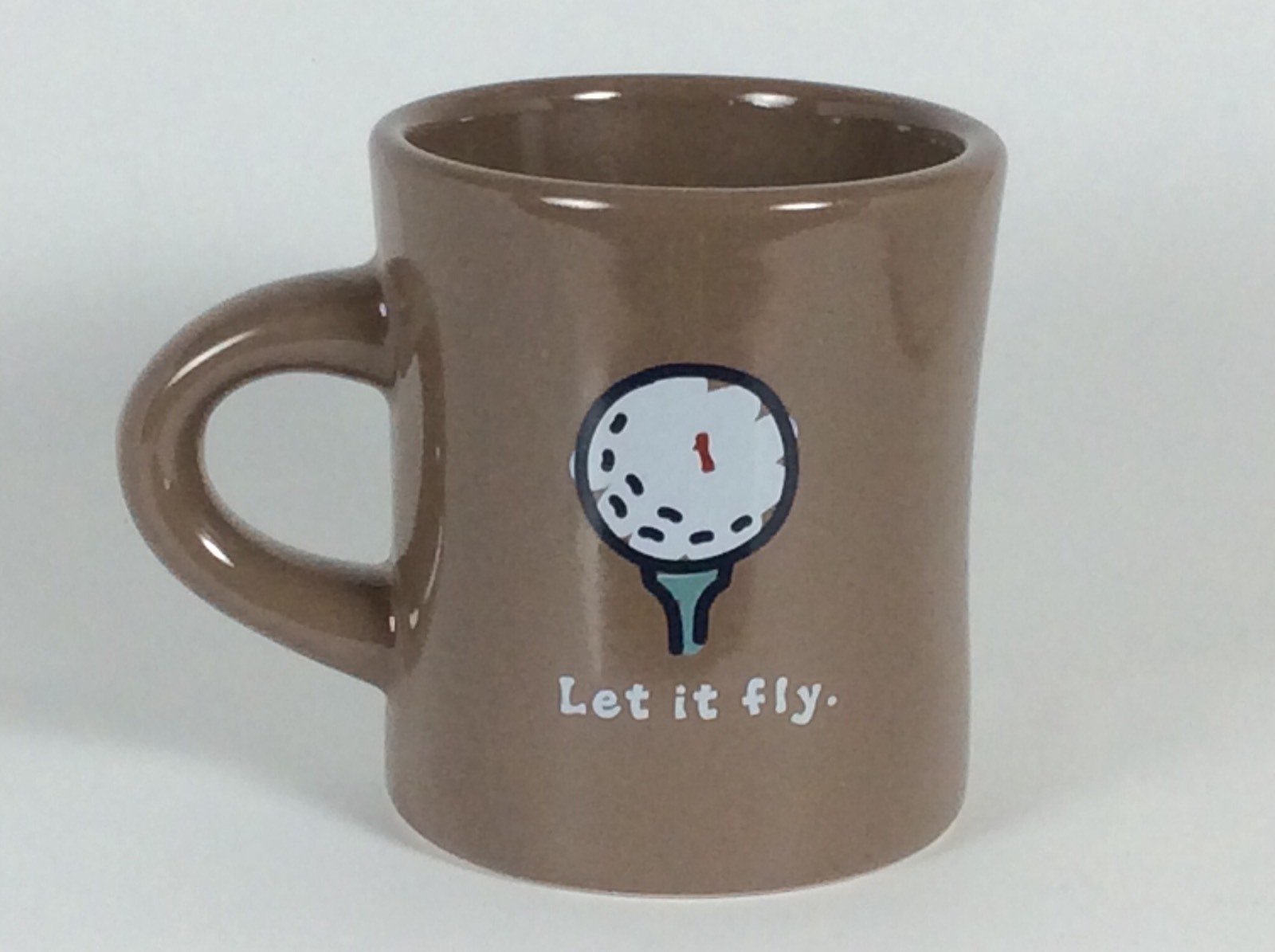 LIFE IS GOOD Coffee Mug Tea Cup GOLF Ball "Let It Fly" Golfer Tee Brown