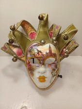 Vintage Venetian Carnival Jester Mask Handmade Signed Floral Cityscape Decor