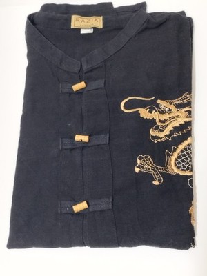 Vintage Herren Hemd Schwarz Kurzarm Orientalisch Koreanischer Drachenkragen XXL Neu